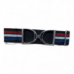 NWT Luxequine Black & Metallic Striped Equestrian Belt w/ Silver Stirrup Buckle